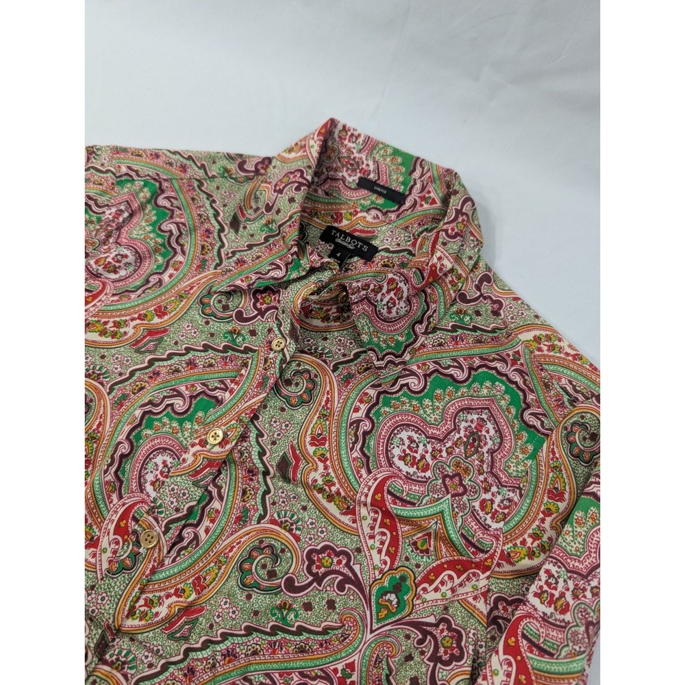 Talbots Green Pink Paisley Wrinkle Resistant Button Down Shirt Women's Sz 4
